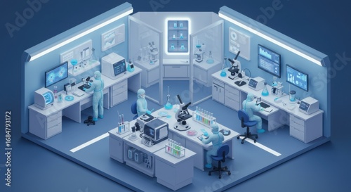 Isometric view of a modern science laboratory with researchers working on various experiments and advanced equipment.