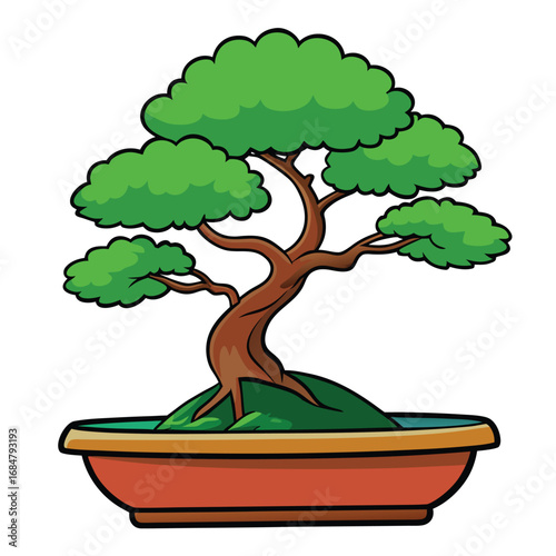 Cartoon bonsai tree on a green mound in a terracotta pot plant potted plant