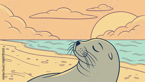 Cartoon illustration of a seal relaxing on a beach with clouds and a sun in the background scene