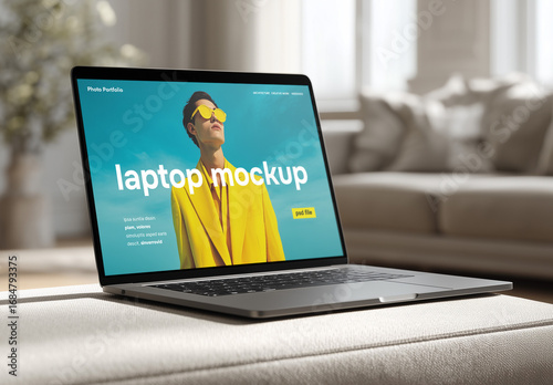 Clean home interior laptop screen web design template