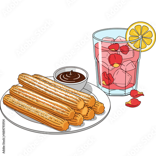Churros and Rose Water Drink: Restaurant menu item for dine-in or take-out service. High-quality graphics and vector illustrations that will make your website, app, and poster design attractive.