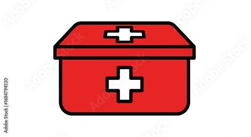 Vector illustration of a red first aid kit with a white cross, a symbol of medical emergency, healthcare, and safety preparedness