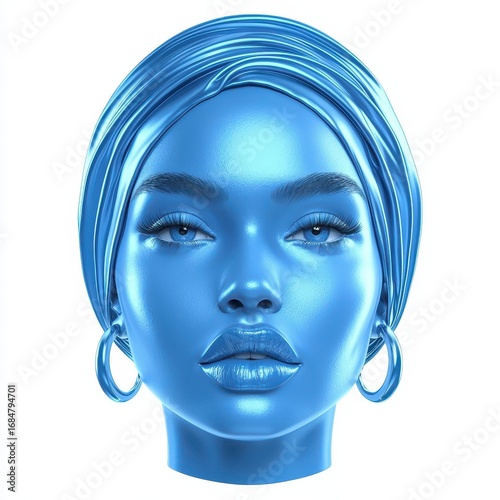 Alluring Portrait of Blue Headscarf Woman with Striking Eyes on White Background