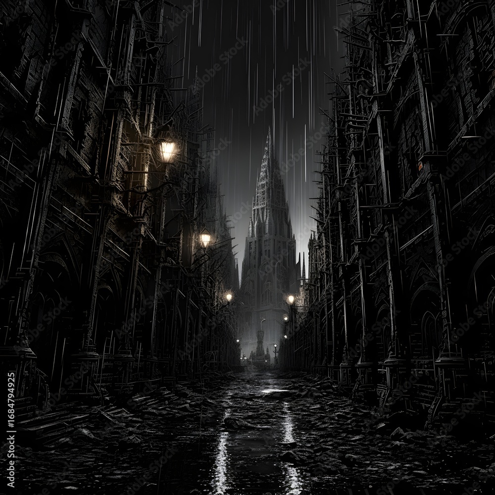 Obraz premium Dark alley at night with glowing lights, noir cinematic scene.