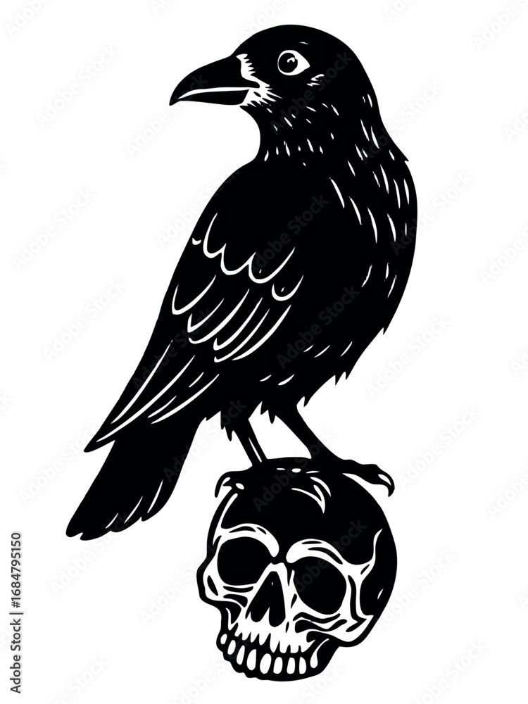 Fototapeta premium Gothic raven perched on a skull illustration