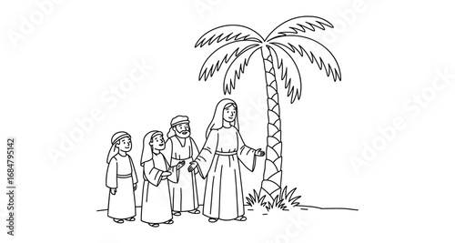Middle eastern family by palm tree: traditional clothing and scenic landscape in outline drawing