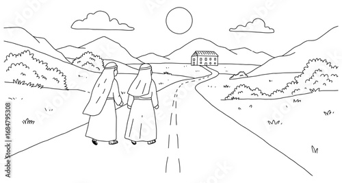 Minimalist landscape with people walking in countryside