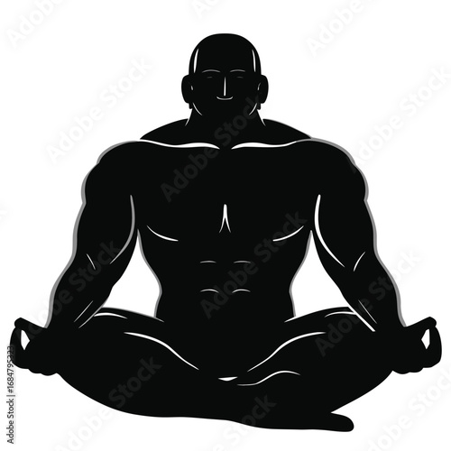 Powerful Silhouette of a Meditating Muscular Man Achieving Inner Peace and Strength Through Mindfulness and Mental Discipline in Serene Contemplation