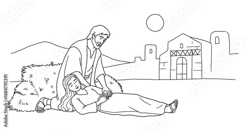 Biblical scene outline with two figures and architecture in the background