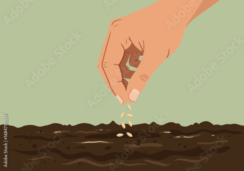A hand sows seeds into soil against a pale green background