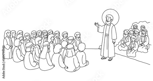 Biblical scene featuring a sermon in black and white line art style