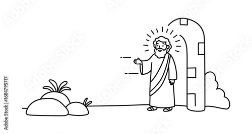 Biblical figure in linear style by ancient archway