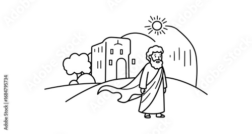 Biblical scene: ancient figure with robe and sun in minimalist outline art