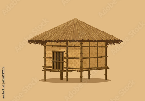 A stilt house with bamboo walls  a thatched roof stands on a tan background