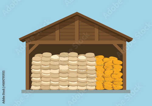 A wooden barn shelters stacked grain sacks and corn cobs under a brownroofed structure against a light blue background