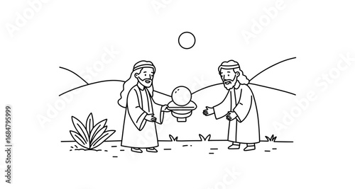 Biblical scene in desert landscape with two men offering gift under sun