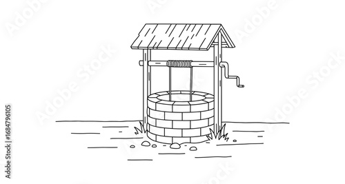 Hand drawn rustic water well sketch in vintage style
