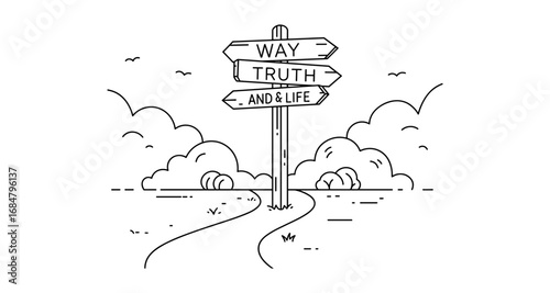 Linear signpost with inspirational words on a path in nature scene