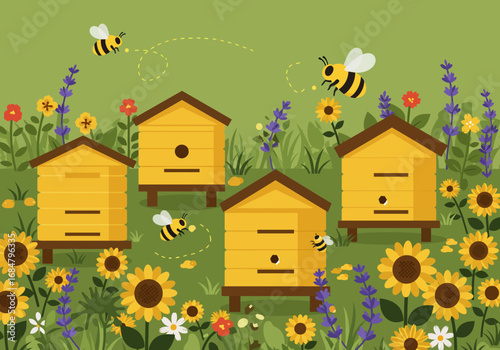 Beehives sit among flowers while bees fly about on a green background