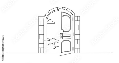 Open doorway to nature with arch and cloud view in linear style