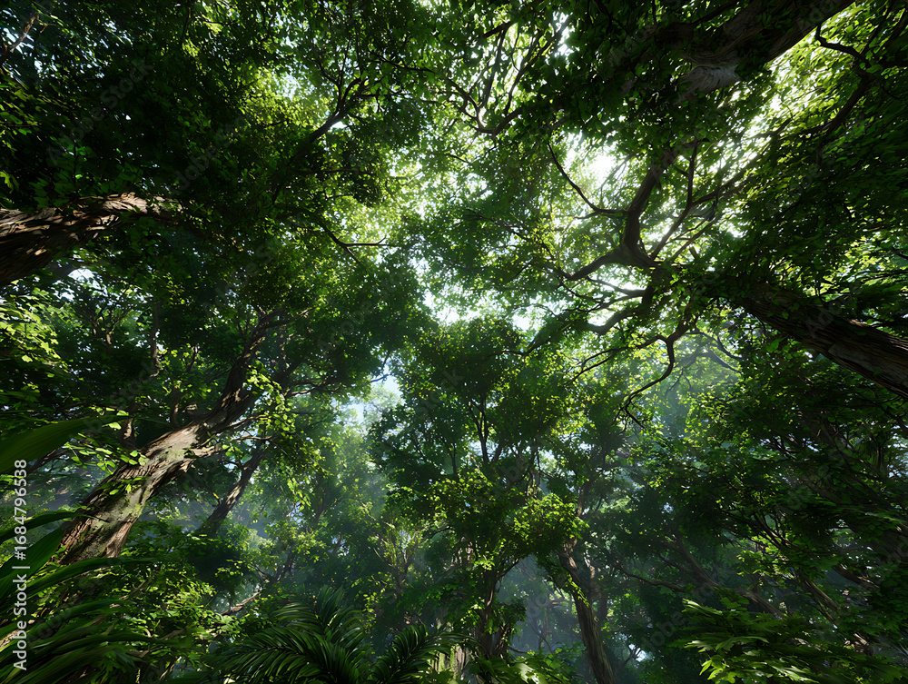 Fototapeta premium A vibrant green forest canopy with sunlight filtering through the leaves, showcasing the beauty of nature.