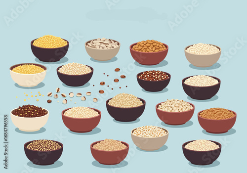 Bowls of colorful grains seeds  legumes are scattered over a lightblue surface