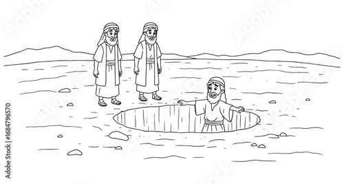 Biblical brothers: joseph in the pit scene in ancient desert landscape