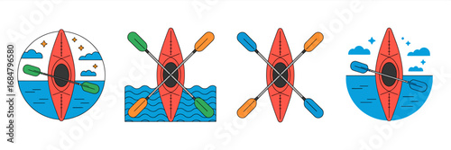 Kayaking Adventure Vector Icon Set. Vibrant Illustrations of Red Kayaks and Paddles for Water Sports, Outdoor Recreation, Travel, and Summer Holiday Themes.