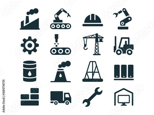 Industrial icon set with solid glyphs representing factory, manufacturing, construction, and automation processes.