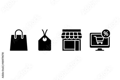 Shopping Icons Bag, Tag, Storefront, and Online Shopping Cart Representing Commerce