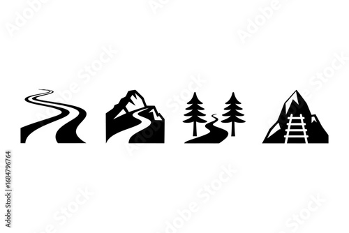 Vector silhouette icons of scenic routes, including a mountain pass, forest trail, and railroad, symbolizing a journey or adventure.