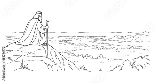Biblical figure overlooking landscape in line art style