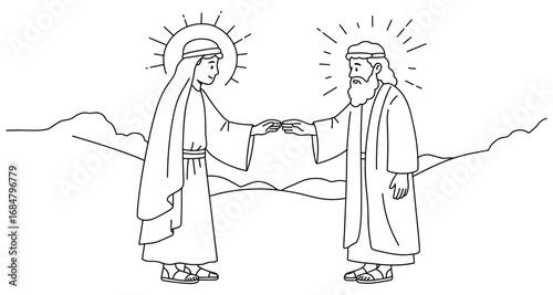 Biblical scene line art: two figures holding hands in desert landscape