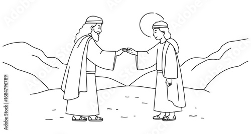 Line art of two historical figures greeting with mountains in background