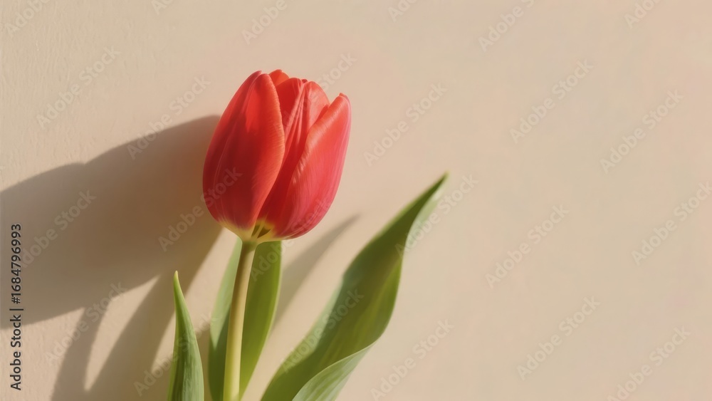 Fototapeta premium A single red tulip with green leaves against a neutral background