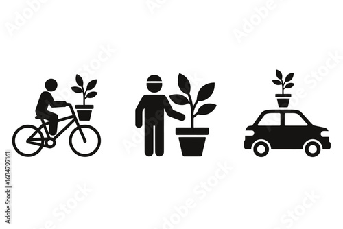 Set of icons depicting people as companions to nature, transporting plants by bicycle and car for a green lifestyle