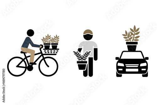 Gardening and plant delivery concept icons. People carrying potted plants by bike, car, and hand. Vector illustration set.
