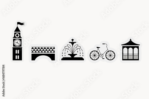 Monochrome city life and travel icon set featuring a clock tower, bridge, fountain, bicycle, and gazebo. Vector illustration for design.