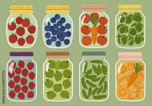 Eight jars are filled with various fruits and vegetables