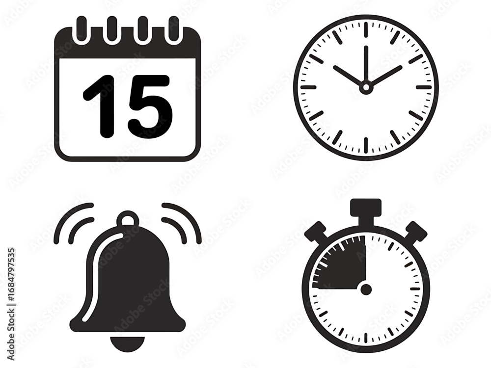 Fototapeta premium Time Management Icons Calendar, Clock, Bell, and Stopwatch
