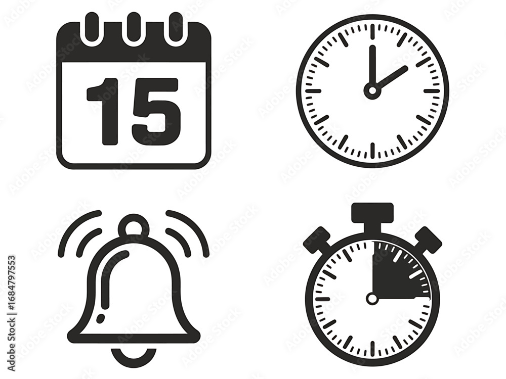 Fototapeta premium Time Management and Scheduling Icons Calendar, Clock, Alarm, and Stopwatch for Concepts