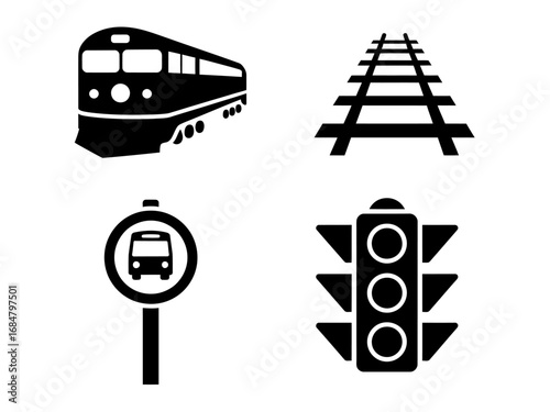 A collection of public transport icons in a simple silhouette style. Vector graphics of a train, railway tracks, a bus stop sign, and a traffic light.