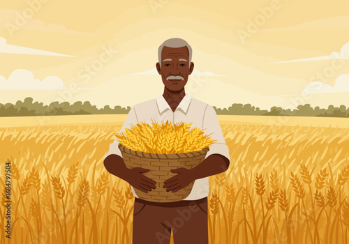 Elderly man in a field carries a basket of wheat