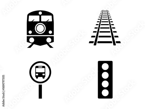 Train, Railway Tracks, Station Sign, Traffic Light Icons Vector Illustration