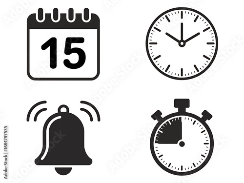 Time Management Icons Calendar, Clock, Bell, and Stopwatch