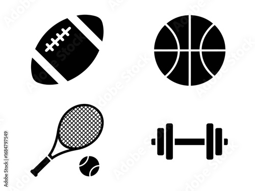 A versatile set of black silhouette sports icons featuring a football, basketball, tennis racket, and dumbbell for fitness and athletic graphic design.