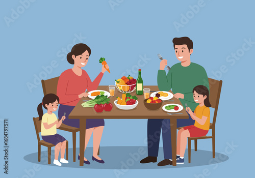 Family of four at a table laden with colorful fruits and vegetables enjoying a meal together