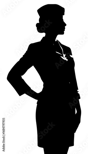 Black and white illustration of a flight attendant on a white isolated background. Vector graphics. EPS.