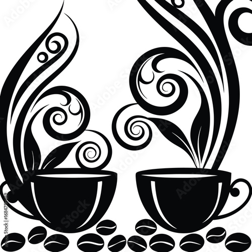 Two steaming coffee cups with ornate swirling steam and scattered coffee beans artistically depicted vector