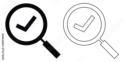 Search object, Lens icon set. Graphical vector illustration of zoom icon. Modern vector shape lens. Tick sing on isolated zoom lens icon set. Vector magnifying glass icon set on white background. 